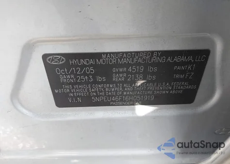 2006 Hyundai Sonata Gls V6/Lx V6 z USA, uszkodzony, nr VIN 5NPEU46F16H051919